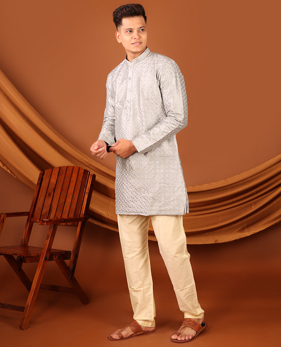 Silver-color Embroidered Full-Sleeved Men's Kurta