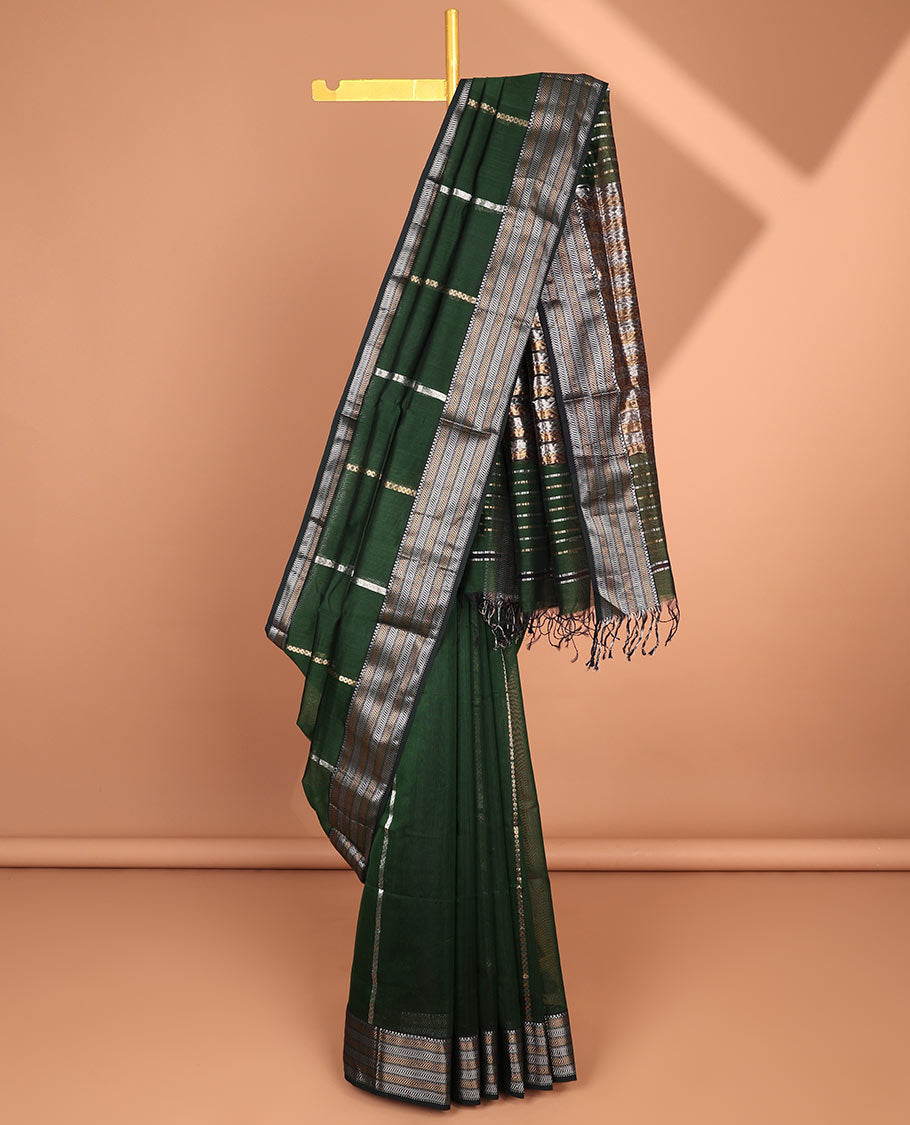 Green Maheshwari cotton saree with stripes, contrast traditional zari border & intricate pallu