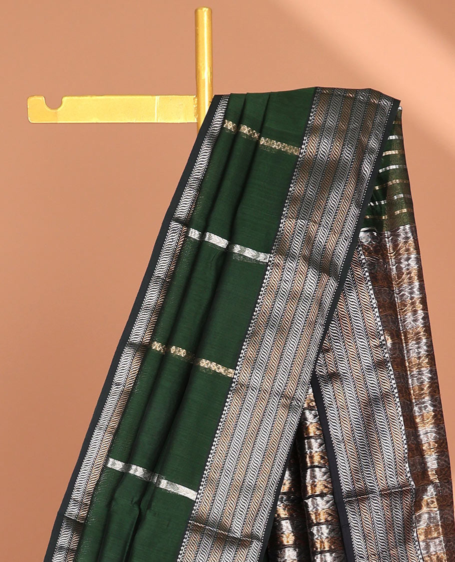 Green Maheshwari cotton saree with stripes, contrast traditional zari border & intricate pallu