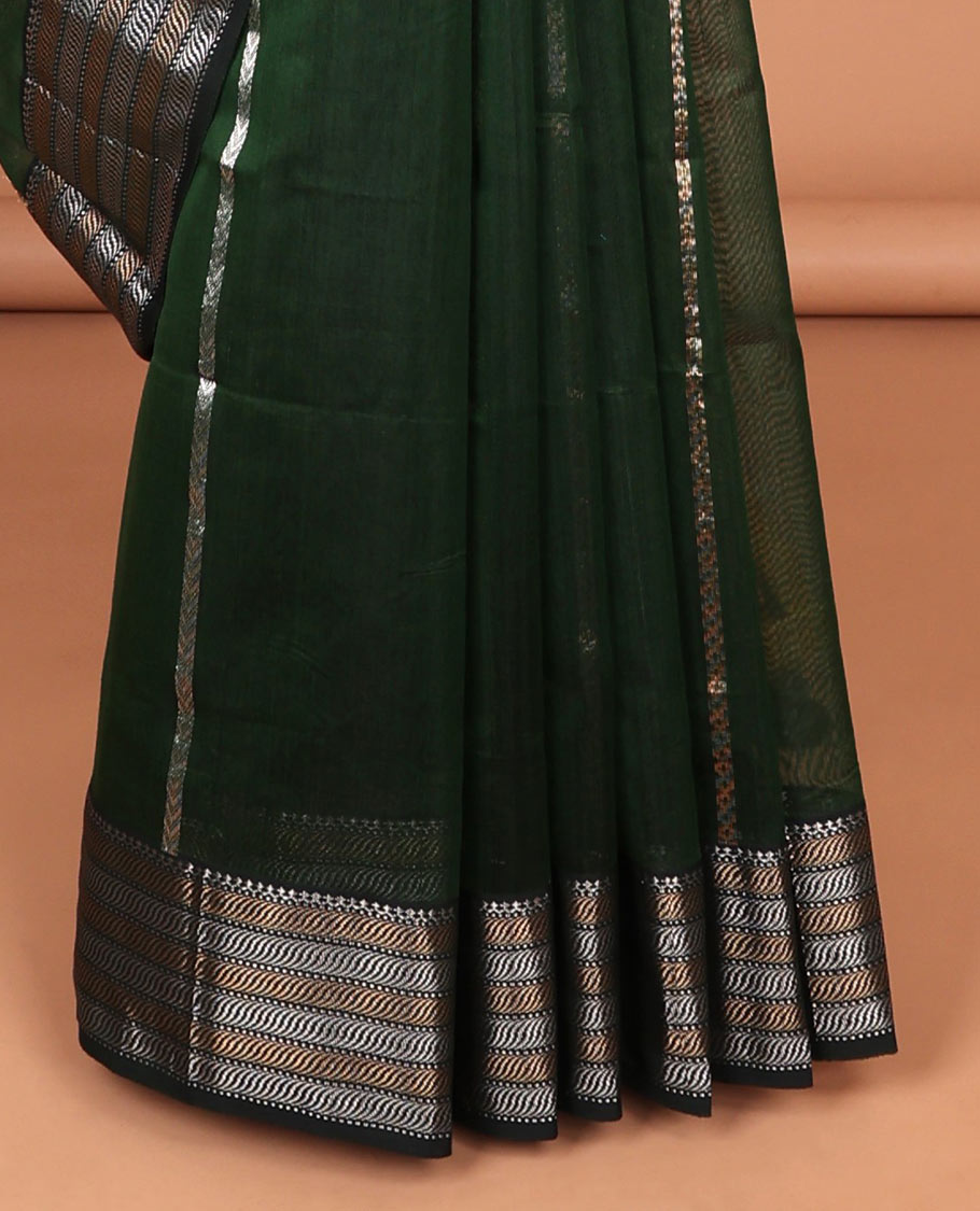 Green Maheshwari cotton saree with stripes, contrast traditional zari border & intricate pallu