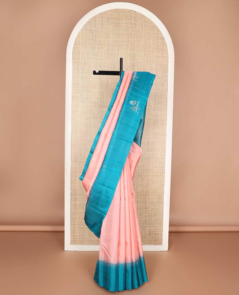 Light pink mayuri soft silk saree with contrast bird design border & striped leaf design pallu