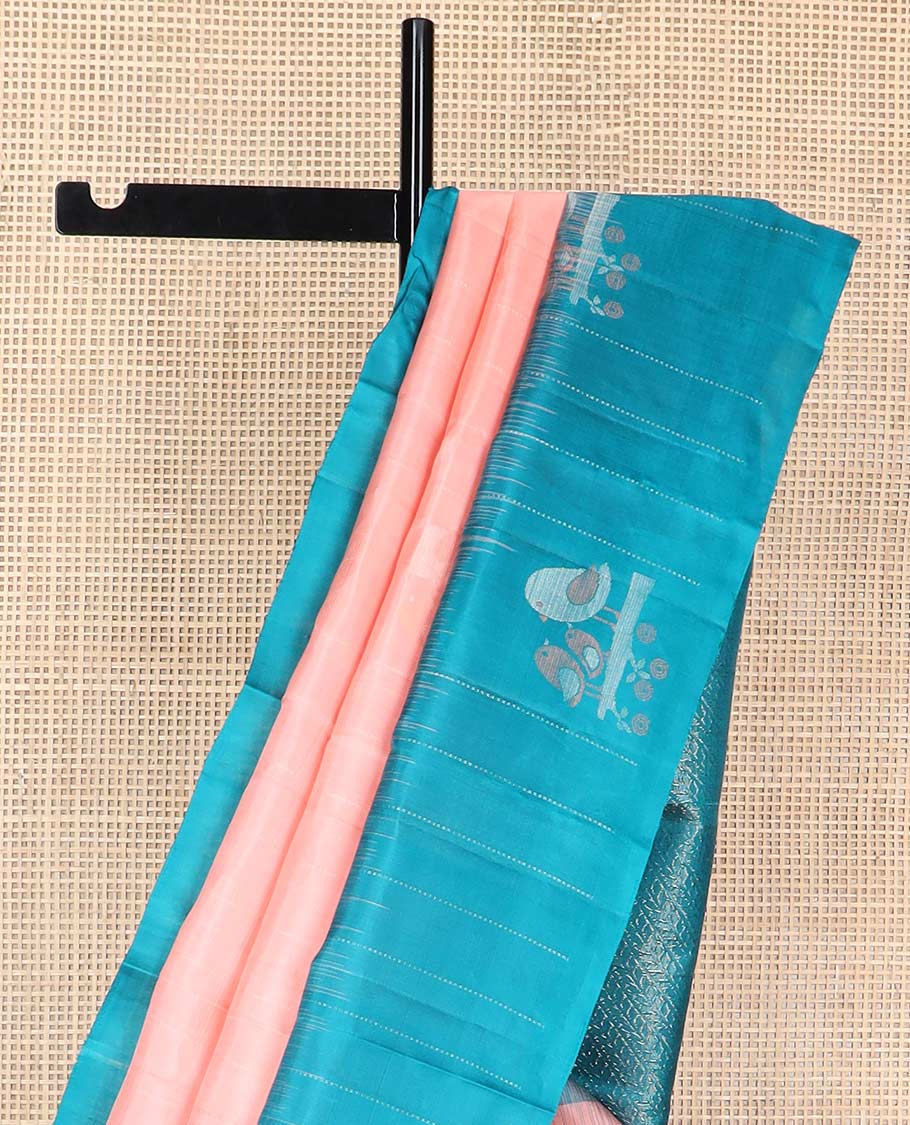 Light pink mayuri soft silk saree with contrast bird design border & striped leaf design pallu