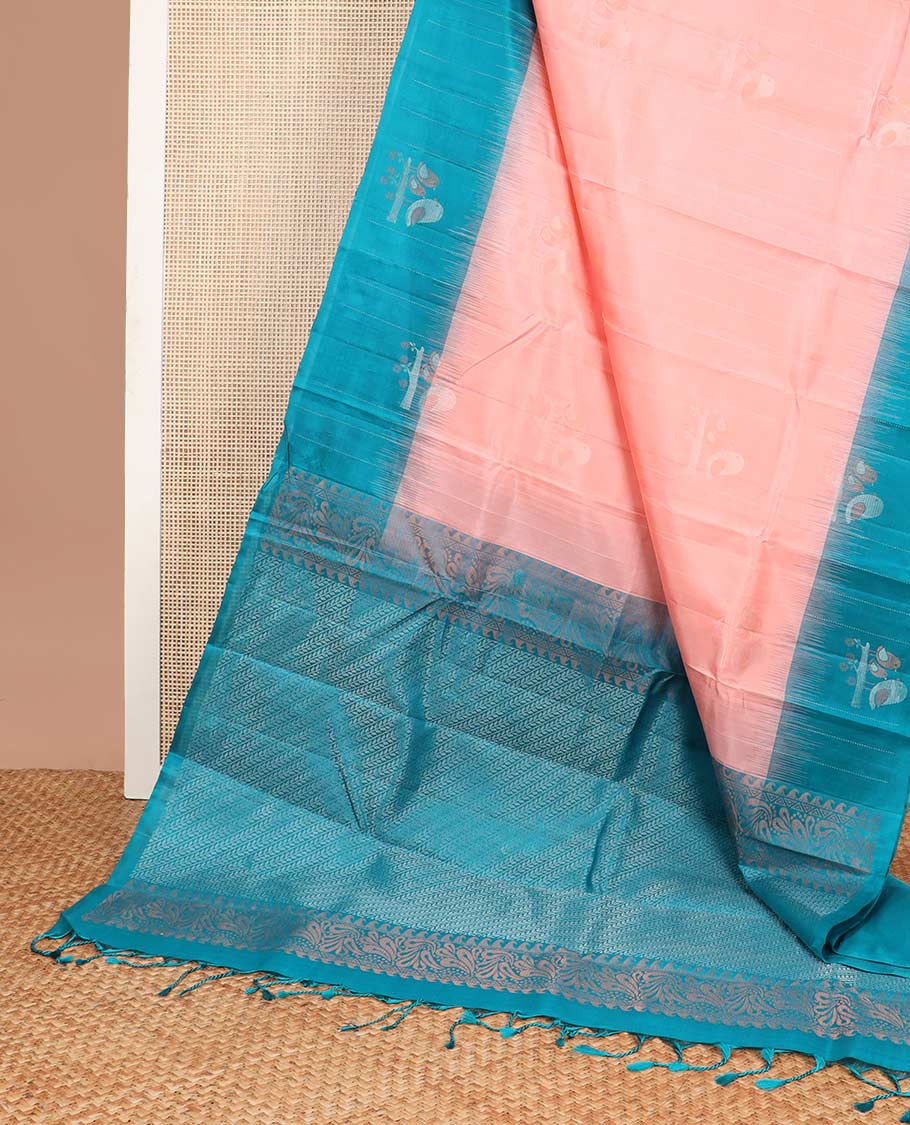Light pink mayuri soft silk saree with contrast bird design border & striped leaf design pallu