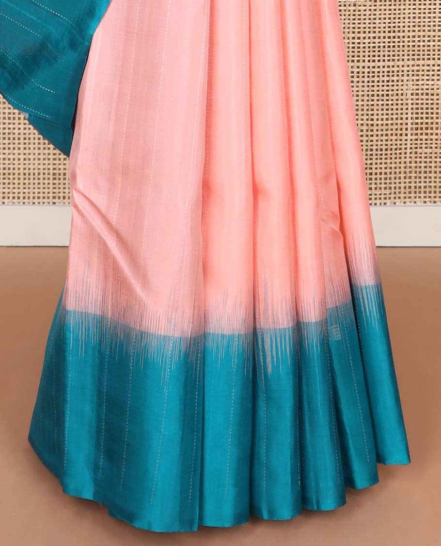 Light pink mayuri soft silk saree with contrast bird design border & striped leaf design pallu
