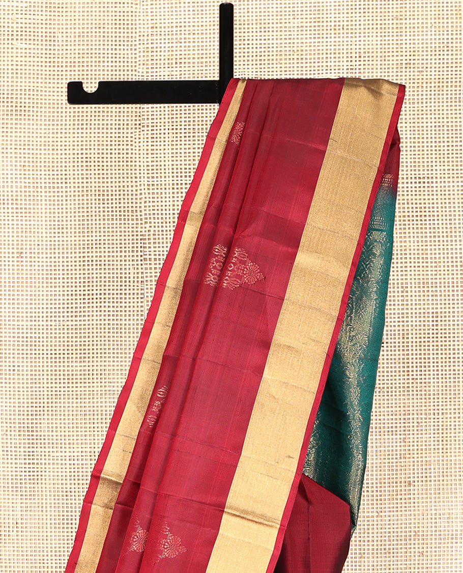 Red Mayuri Lite Silk Mix Saree, Subtly Sparkled with Zari Buttas All Over Its Body, Highlighted by a Zari Bavanji Border, Pallu of Intricate Designs, and Paired with a Contrast Blouse