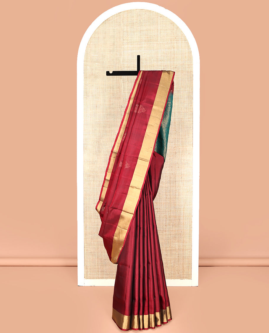 Red Mayuri Lite Silk Mix Saree, Subtly Sparkled with Zari Buttas All Over Its Body, Highlighted by a Zari Bavanji Border, Pallu of Intricate Designs, and Paired with a Contrast Blouse
