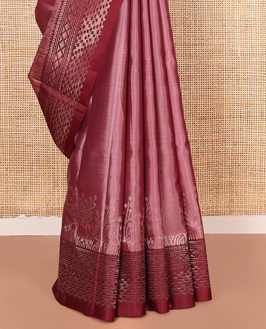 Pink Mayuri Soft Silk Saree, Embellished with Buttas and Floral Design on Its Body, Complemented by Contrast Border of Geometric Designs, Pallu Features Jaal Designs, and Paired with a Matching Blouse