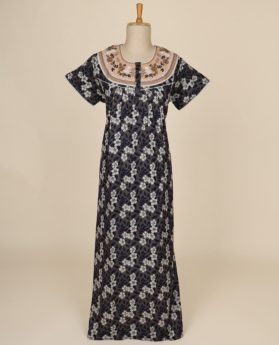 Grey floral printed and floral thread embroidery round neck cotton half-sleeve nighty