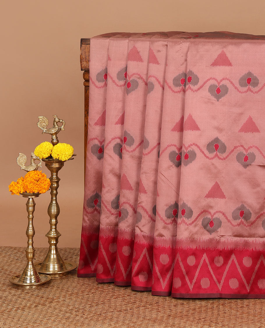 Pink unique motifs thread weave pochampally ikat mulberry silk saree, contrast chevron & polka dot border and zari-rich intricate pallu