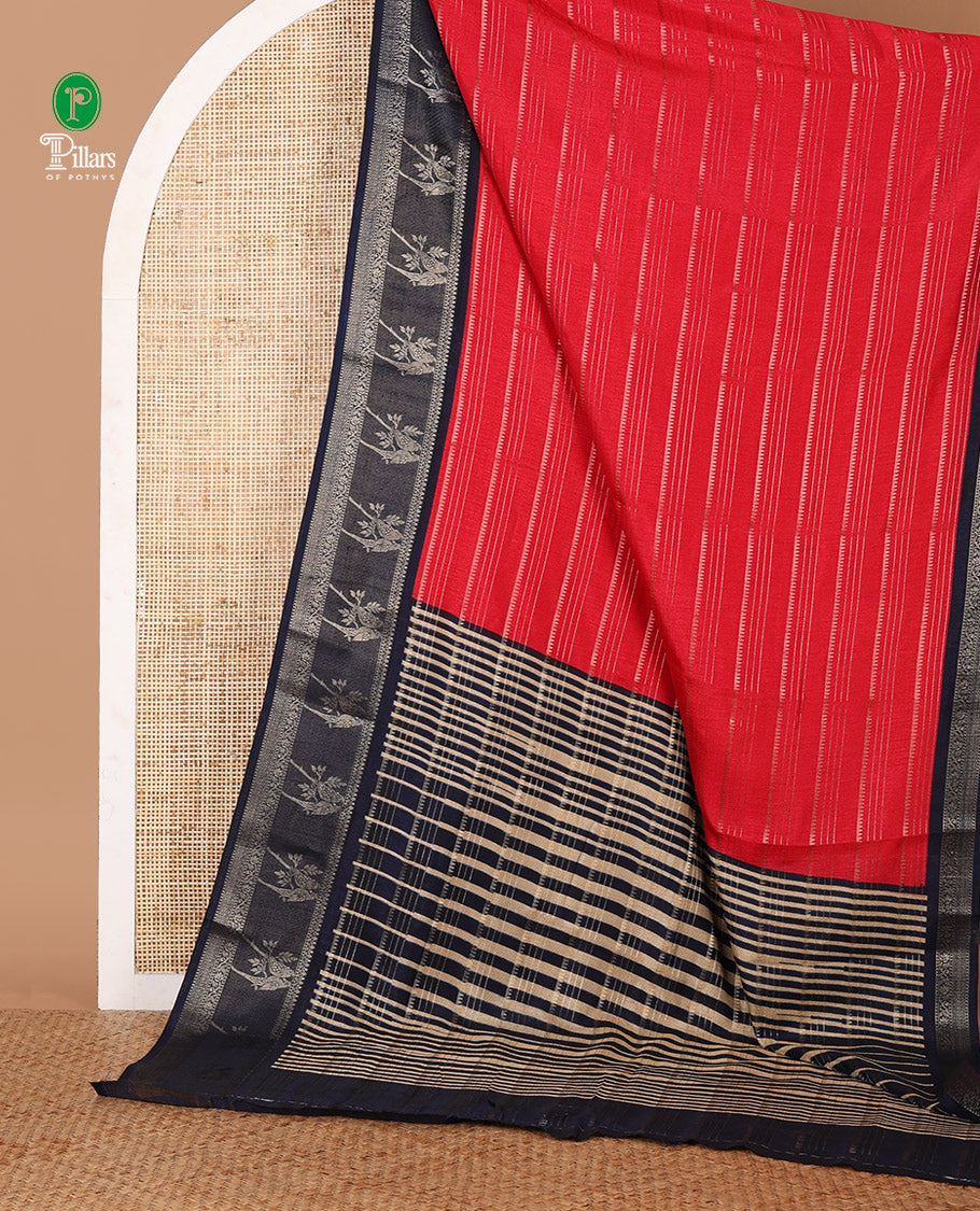 Red golden zari striped dola silksaree, contrast parrot motif & traditional design border, temple pallu & zari design pallu