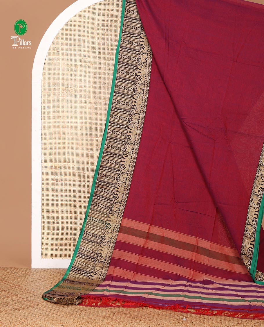 Purple plain masraise cotton saree, contrast border of elephant, peacock & geometric design & lining seer pallu