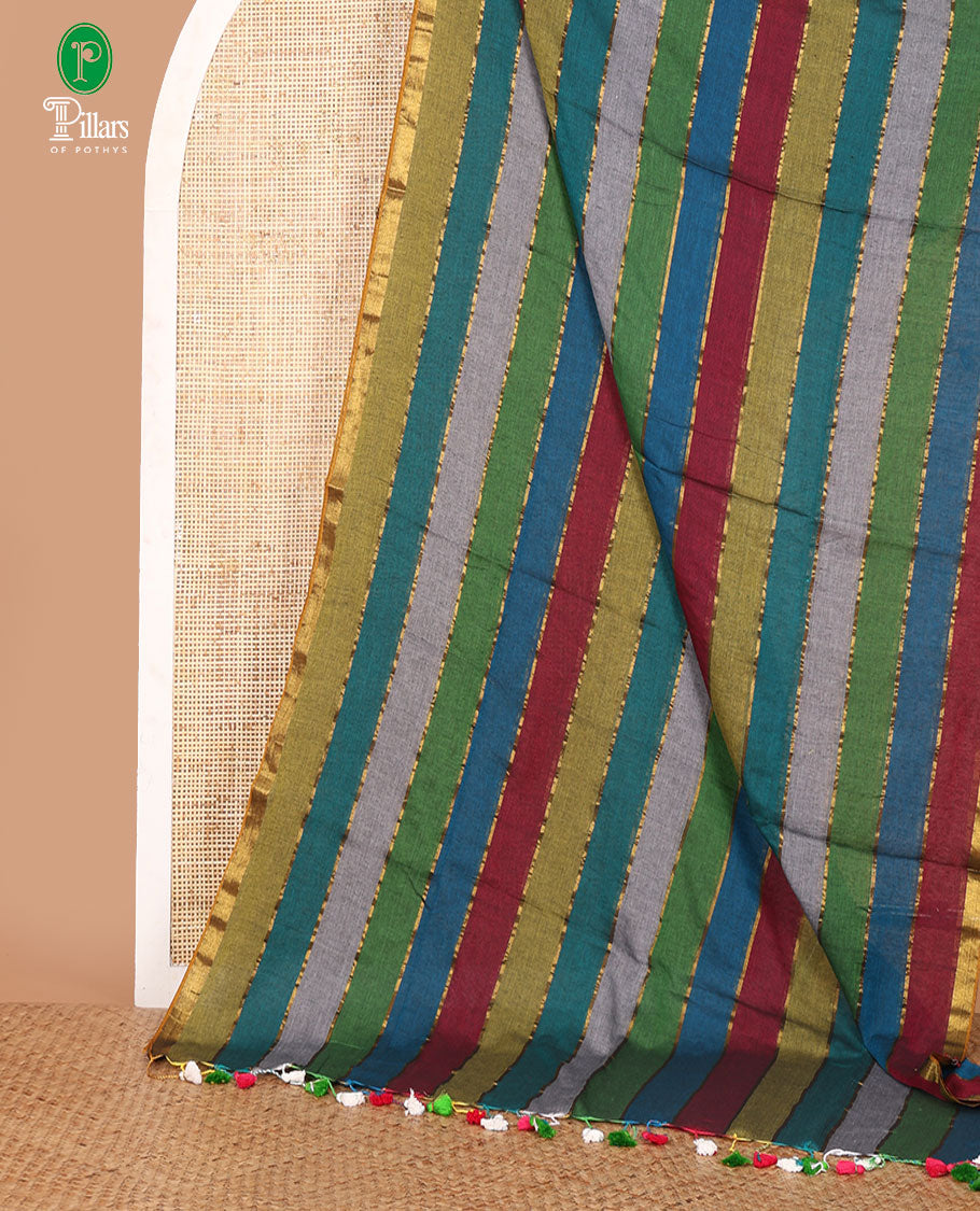 Multi-color striped khadi cotton saree, zari piping border, multi-color tassels pallu & colorful striped blouse
