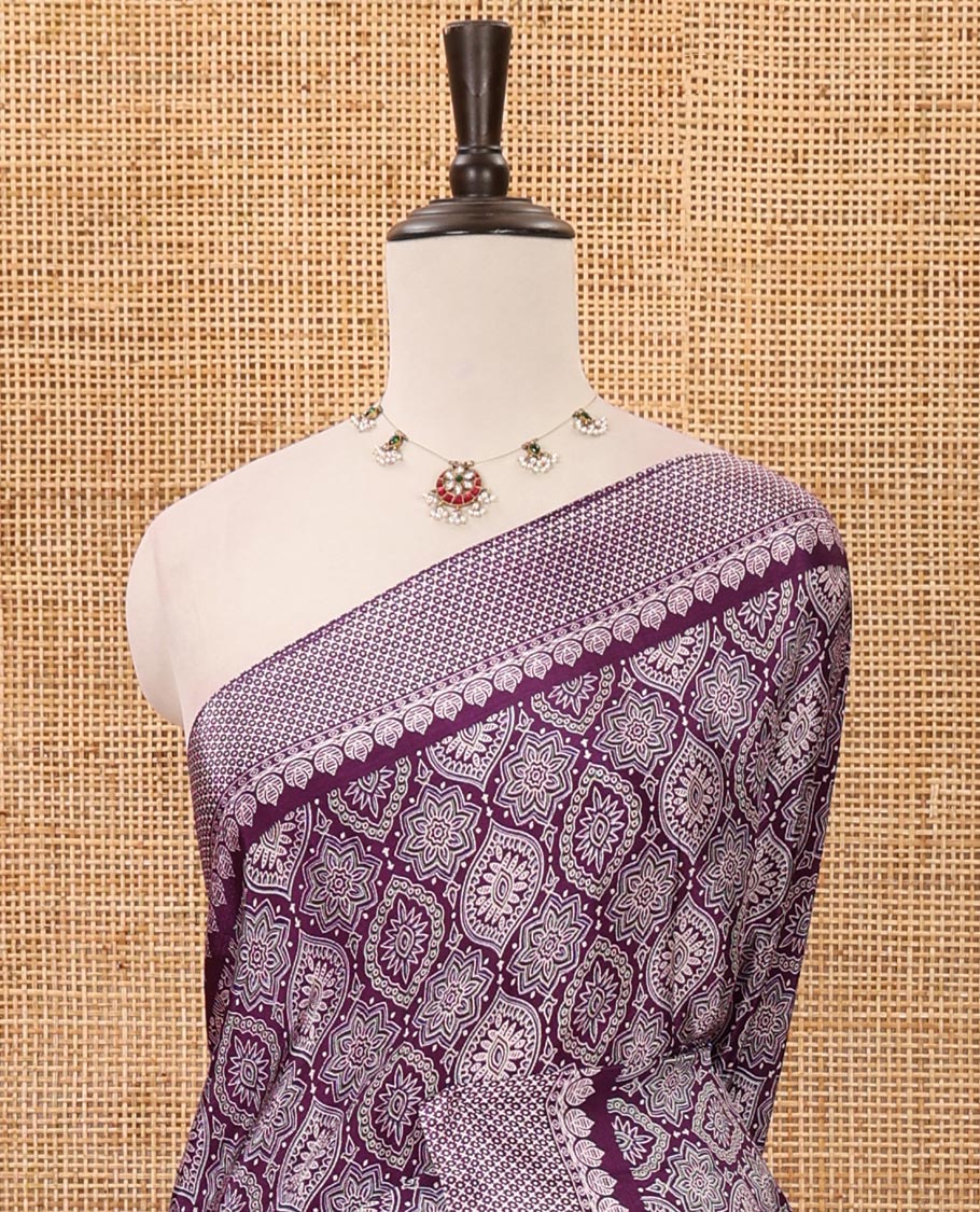 Violet Ajrakh-printed turkey crepe saree, printed border, Ajrakh-printed pallu & small buttas printed blouse