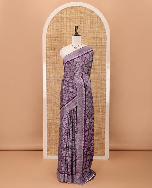 Violet Ajrakh-printed turkey crepe saree, printed border, Ajrakh-printed pallu & small buttas printed blouse