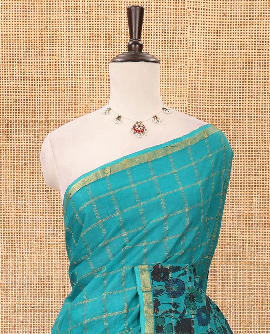Green zari checked & floral printed sungudi cotton saree, piping zari border,self-pallu & matching blouse of zari & floral print work
