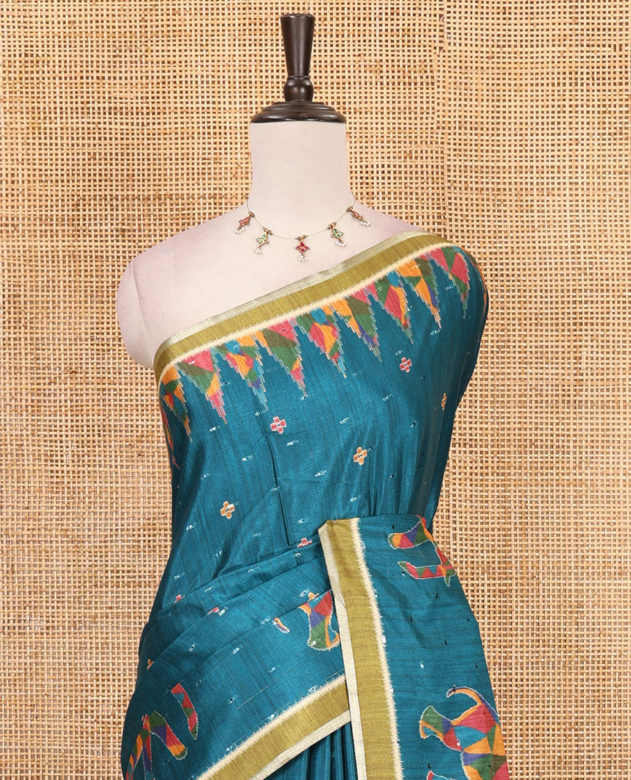 Rama green buttas & kaleidoscope color elephant motifs printed katan silk saree, contrast multi-hue temple motif border, ikkat geometric print pallu & contrast printed blouse
