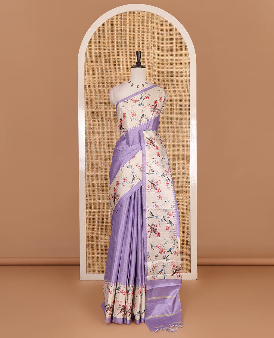 Lavender gold zari dotted buttas semi tussar saree, contrast temple border of floral vine, and sparrow motifs digital print, striped pallu, and printed blouse