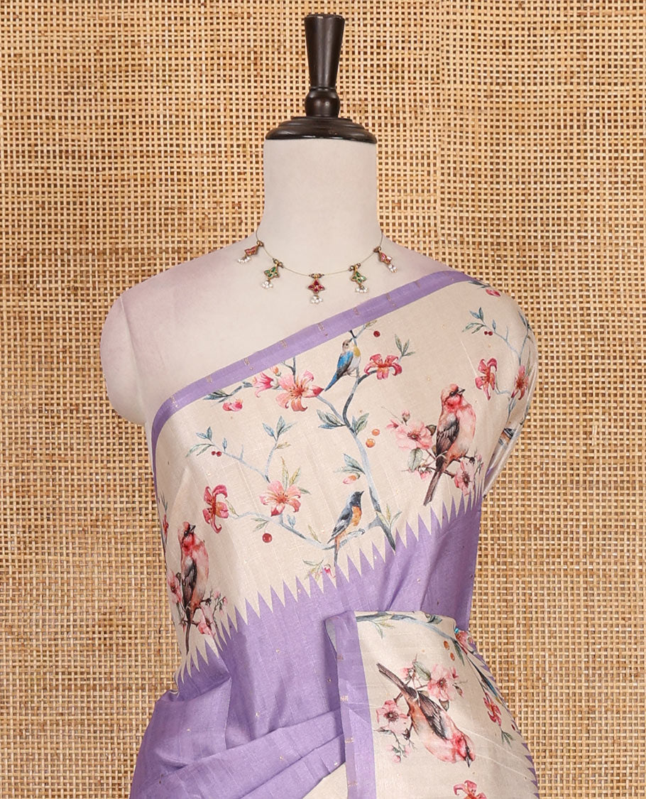Lavender gold zari dotted buttas semi tussar saree, contrast temple border of floral vine, and sparrow motifs digital print, striped pallu, and printed blouse