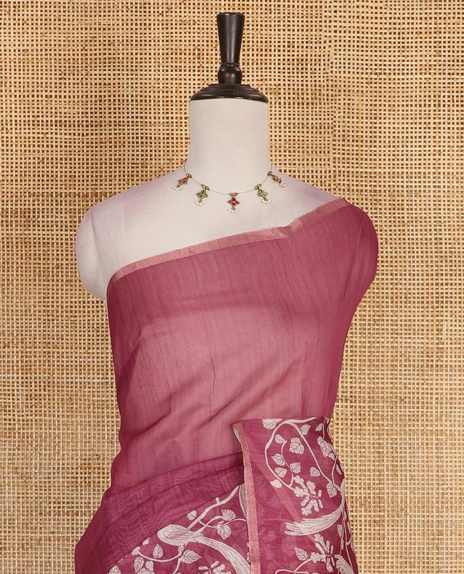 Onion pink plain Chanderi silk saree, floral vine, and bird motifs printed skirt border, and pallu, unique motifs printed blouse
