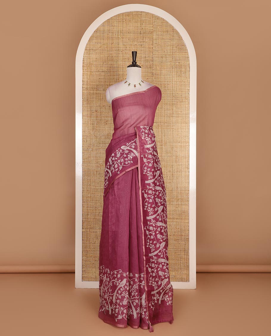 Onion pink plain Chanderi silk saree, floral vine, and bird motifs printed skirt border, and pallu, unique motifs printed blouse