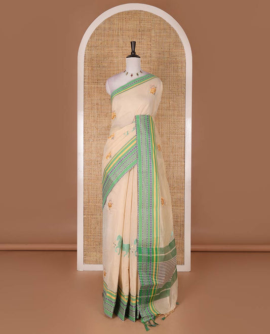 Chikku and green flora-fauna motifs thread embroidered Mangalagiri cotton saree, contrast traditional thread border, striped pallu, and contrast traditional border blouse