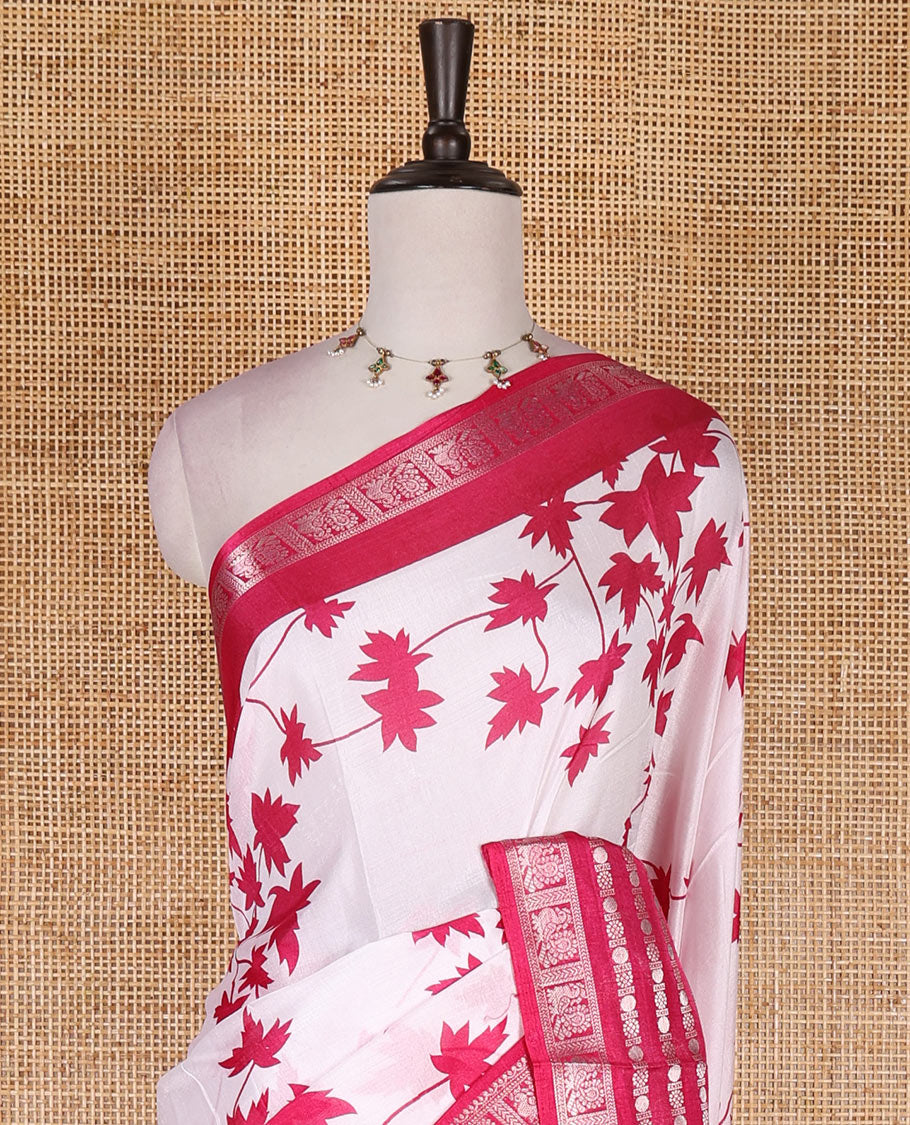 Pink leaf motifs printed dola silk saree, contrast traditional zari border of Rudraksham and peacock motifs, geometric printed pallu and contrast printed blouse