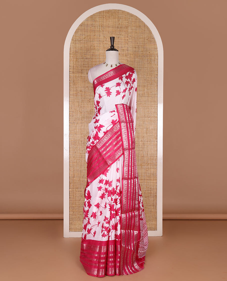 Pink leaf motifs printed dola silk saree, contrast traditional zari border of Rudraksham and peacock motifs, geometric printed pallu and contrast printed blouse