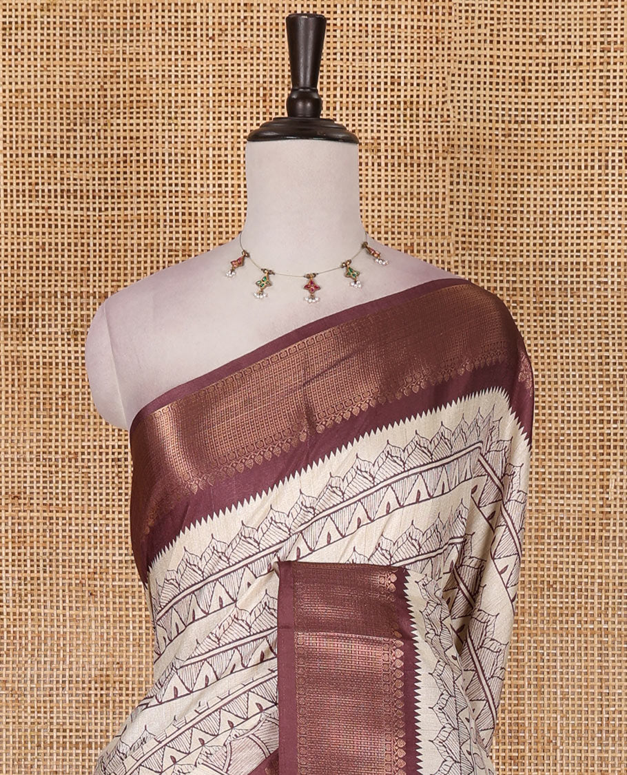 Cream-maroon flora, fauna, and geometric madhubani printed soft tussar saree, contrast zari border, peacock print pallu, and printed blouse