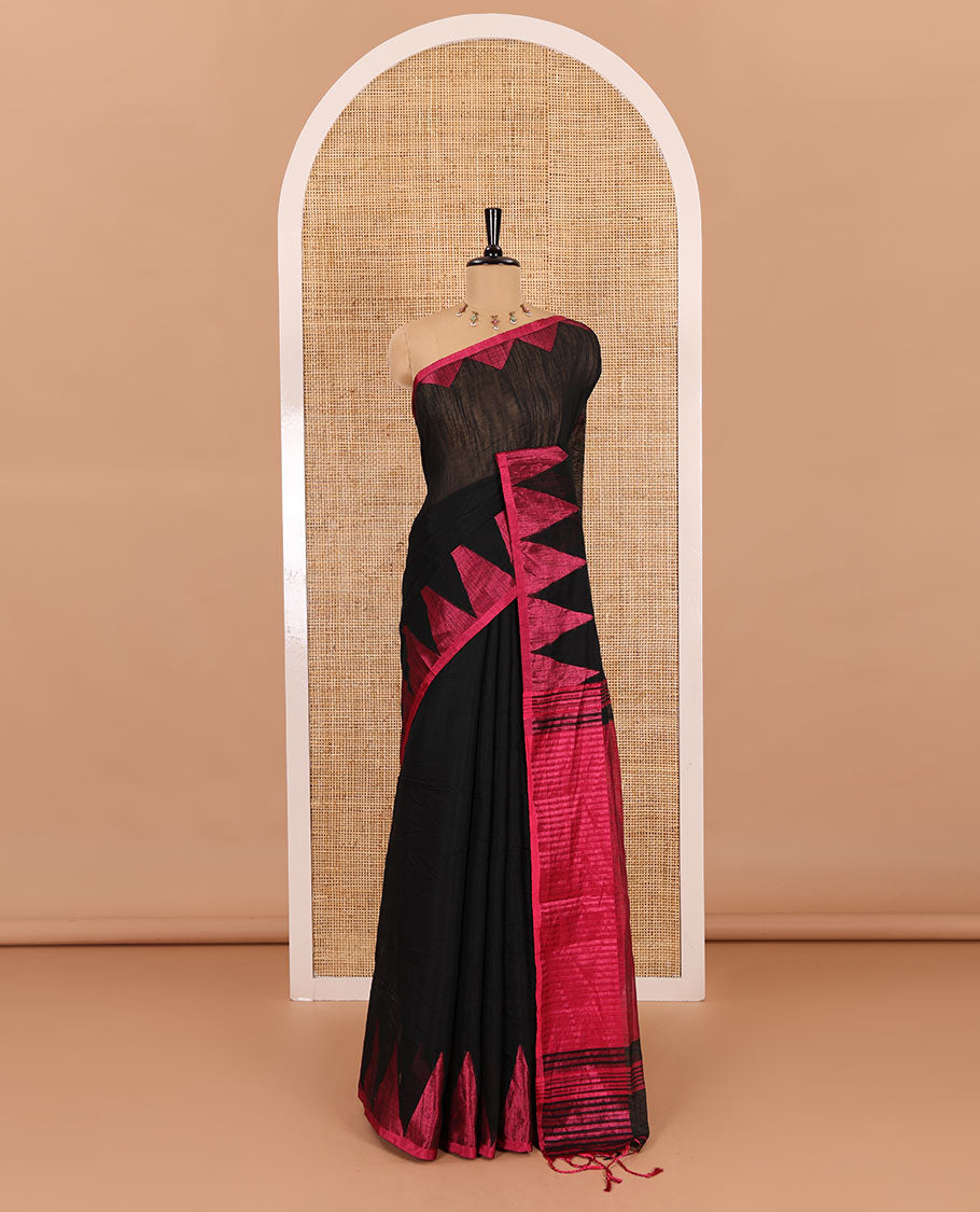 Black and pink plain khadi mul cotton saree, contrast thread temple border, plain pallu, and a contrast plain blouse