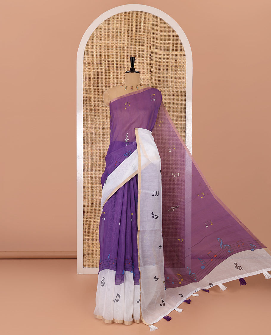 Violet musical-note-motif-printed chanderi cotton saree with contrast musical-note-motif-printed piping border, and a matching blouse