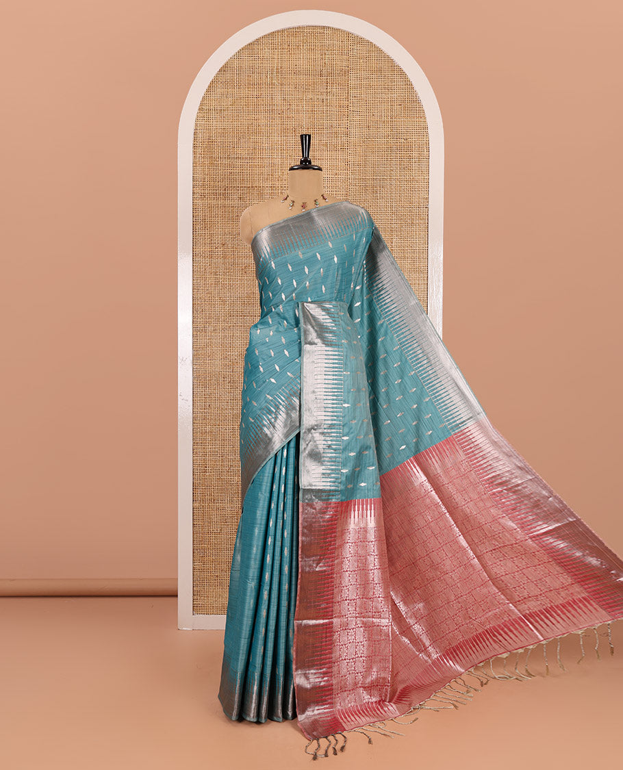 Rama zari buttas woven Luxury soft silk saree, temple zari border, contrast pallu of intricate zari designs, and zari design blouse