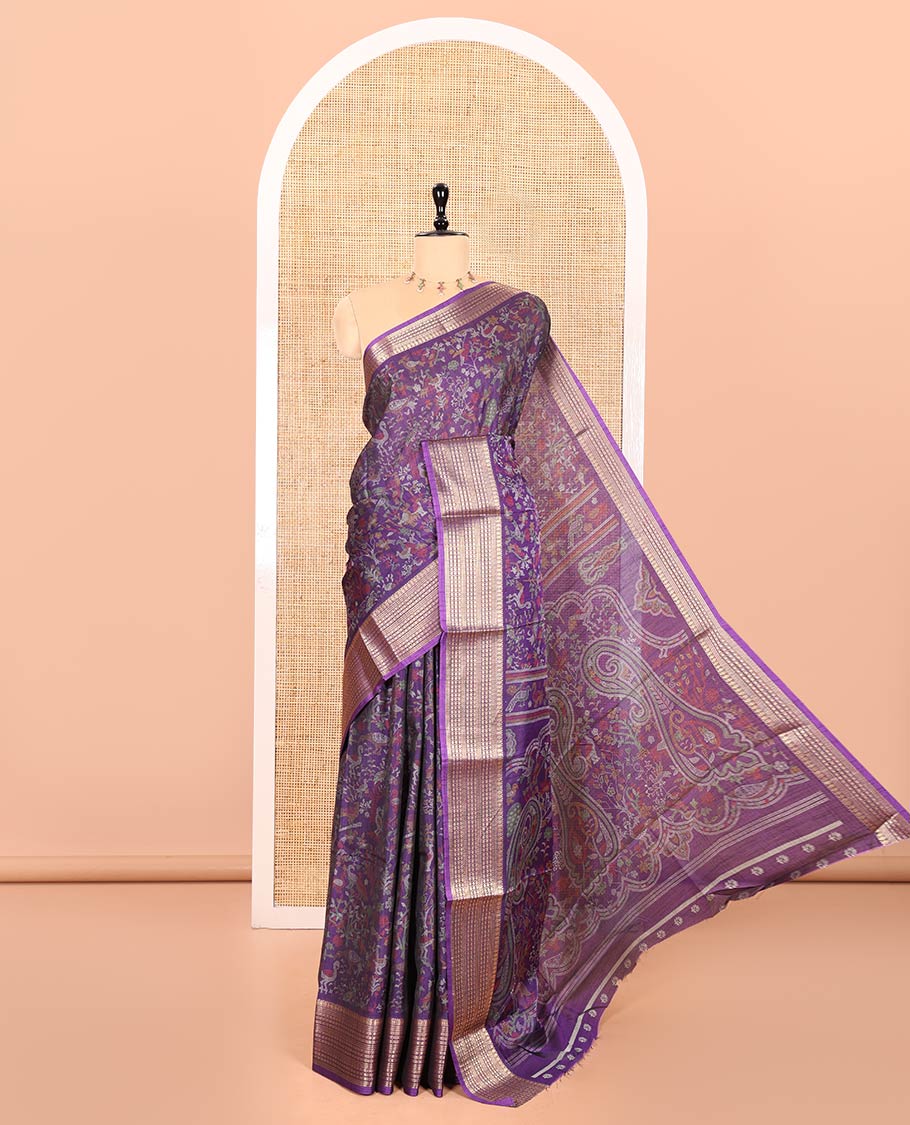 Violet Dola Silk Saree Bedecked with Flora-Fauna Motifs Printed All Over Its Body, Highlighted by Traditional Zari Design Border, Pallu of Paisley Motifs, and Paired with a Matching Blouse