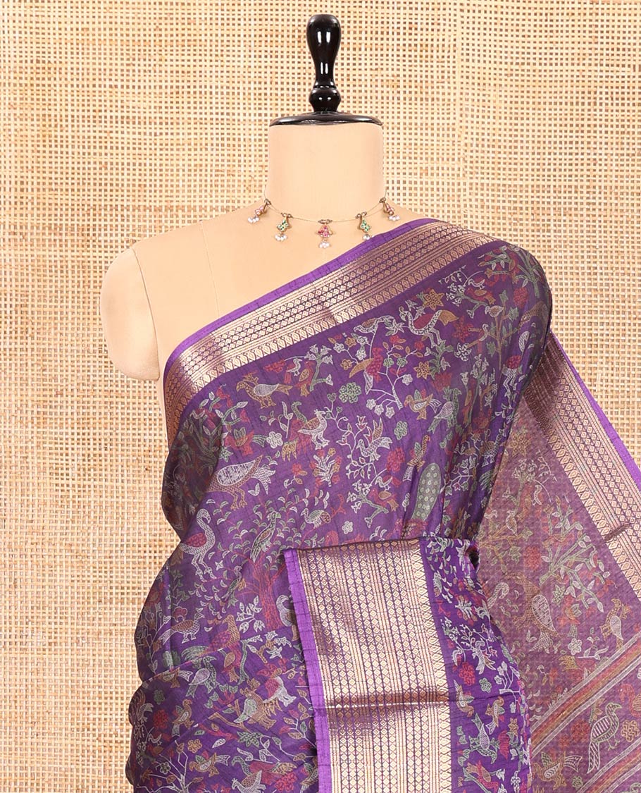 Violet Dola Silk Saree Bedecked with Flora-Fauna Motifs Printed All Over Its Body, Highlighted by Traditional Zari Design Border, Pallu of Paisley Motifs, and Paired with a Matching Blouse