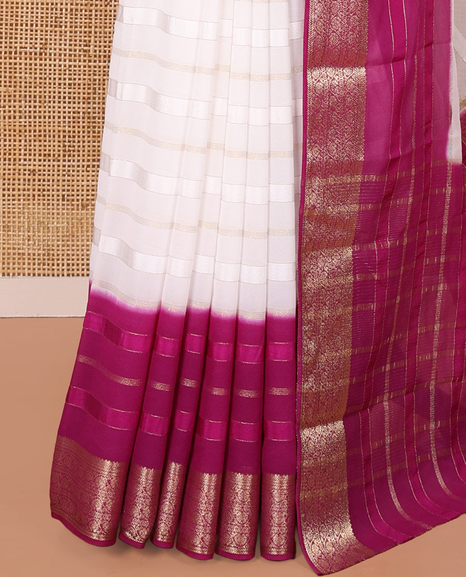White and Purple Georgette Saree, Subtly Sparkled with Horizontal Zari Stripes All Over Its Body, Complemented by a Contrast Traditional Zari Design Border, Gleaming Zari Striped Pallu, and Paired with a Contrast Blouse