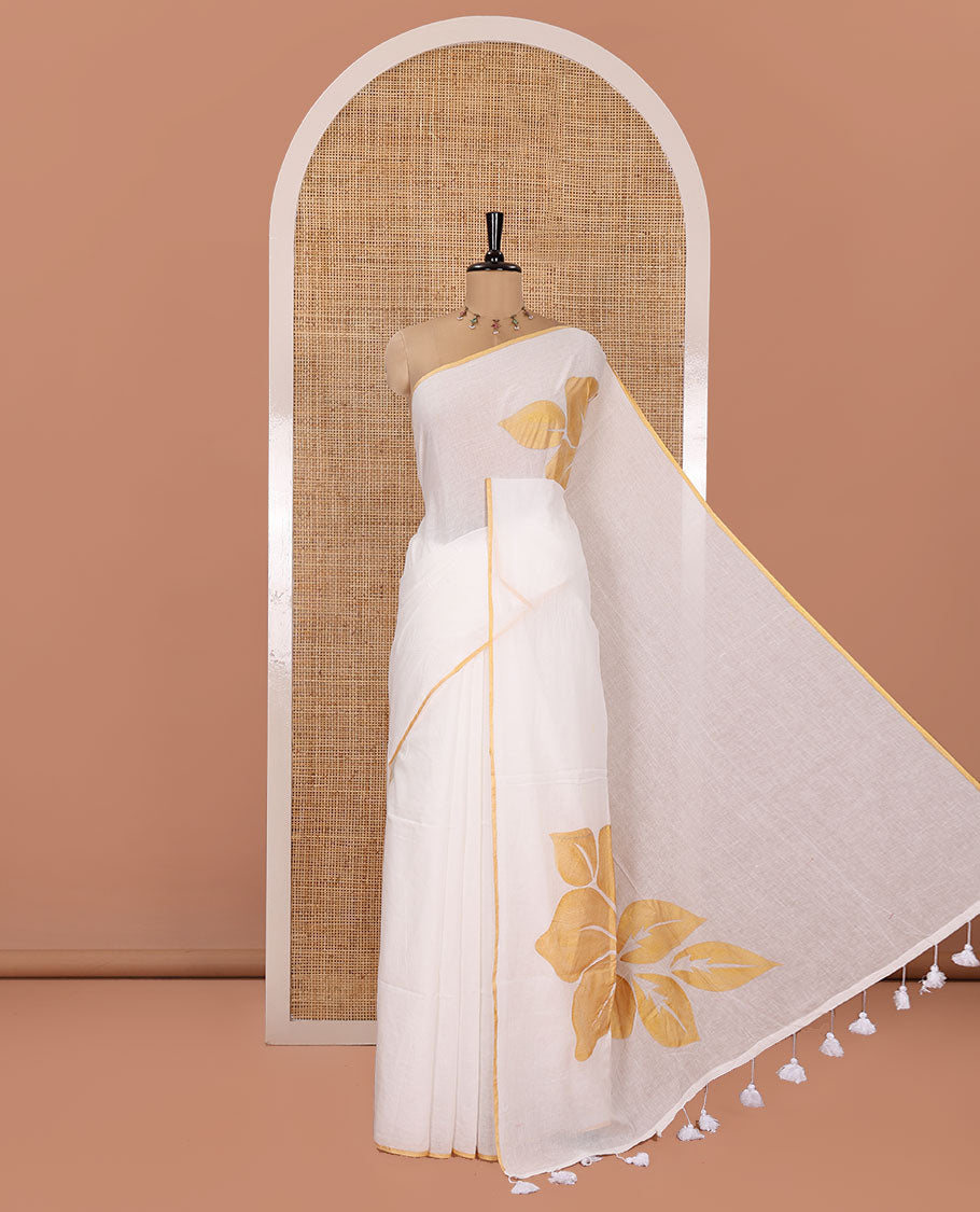 Borderless White Khadi Mul Cotton Saree, Enthralled with Big Hibiscus Floral Motifs Foil-Printed on Its Body, Subtly Sparkled Pallu of the Same Print and Tassels, and Paired with a Matching Blouse