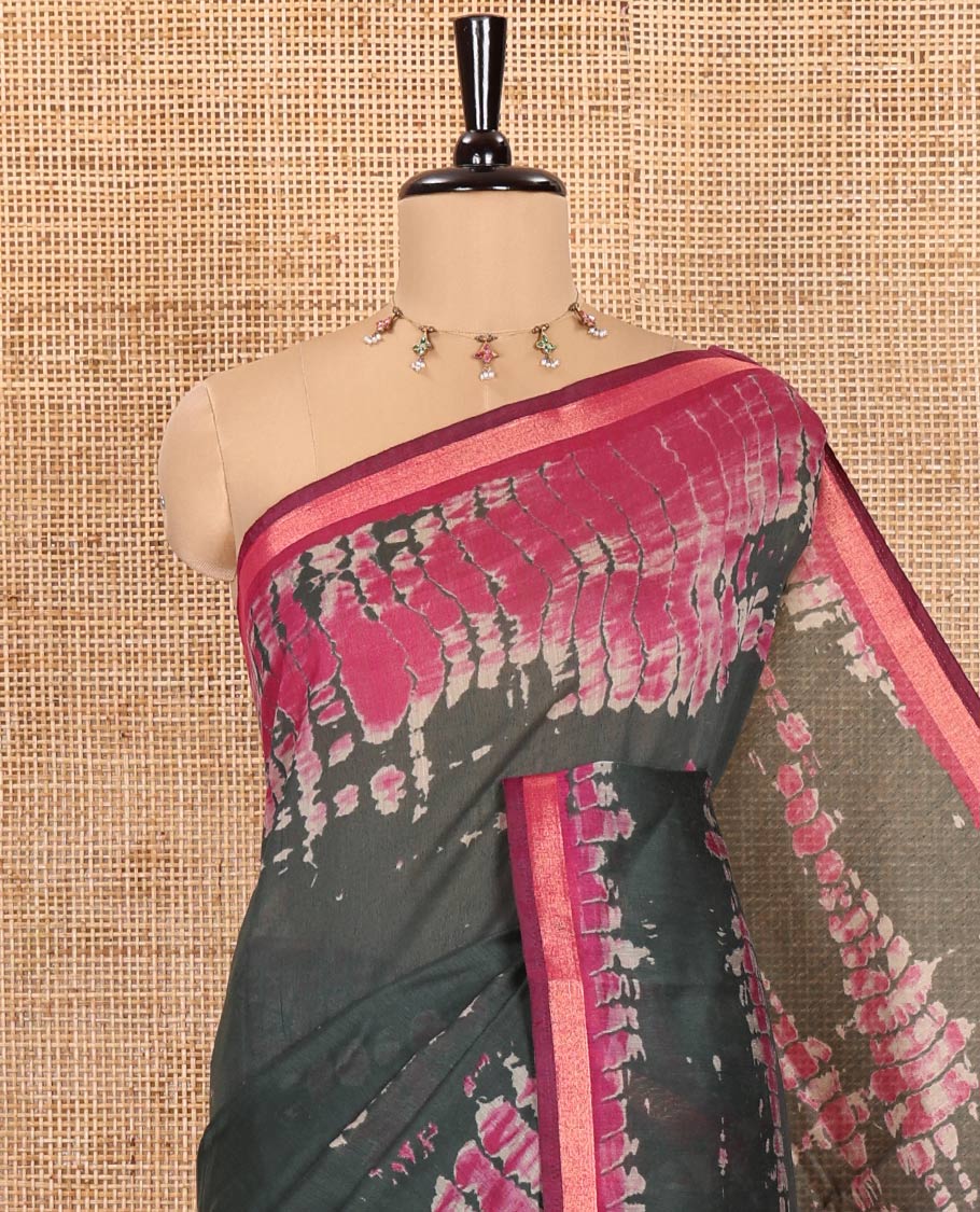 Green Muslin Cotton Saree, Adorned with Marble-Textured Shibori Printed All Over Its Body, Subtle Piping Border, Pallu of Shibori Print, and Paired with a Contrast Blouse