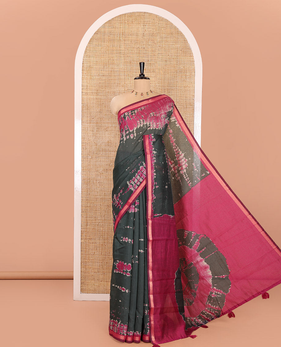 Green Muslin Cotton Saree, Adorned with Marble-Textured Shibori Printed All Over Its Body, Subtle Piping Border, Pallu of Shibori Print, and Paired with a Contrast Blouse