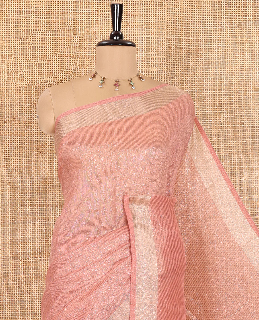 Peach Tissue Saree, Gleamed Up with Zari Striped on Its Body, Highlighted by a Zari Border, Pallu Steeped with Zari Stripes, and Paired with a Matching Blouse
