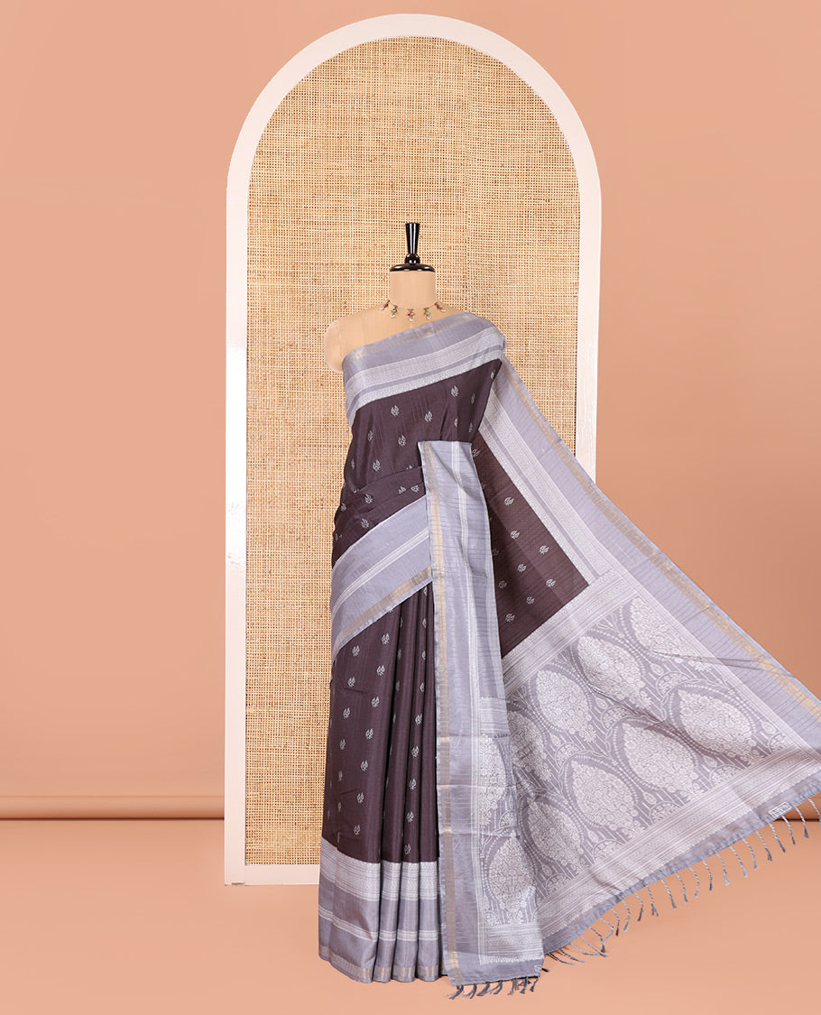 Black Katan Silk Saree, Subtly Steeped with Leaf Motifs Printed All Over Its Body, Complemented by a Contrast Traditional Patterned Border, Pallu Depicting Intricate Designs, and Paired with a Contrast Blouse