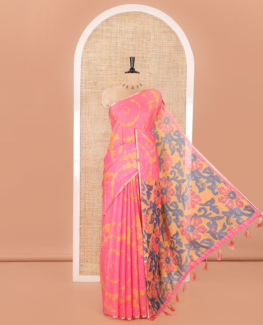 Pink Linen Cotton Saree, Ornamented with Shibori Printed on Its Body, Subtle Piping Border, Pallu Features Floral Print, and Paired with a Contrast Floral Printed Blouse
