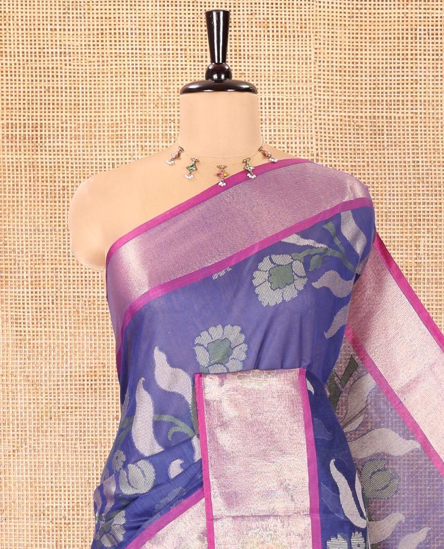 Blue Chanderi Cotton Saree, Elevated with Floral Designs on Its Body, Complemented by a Contrast Tissue Border of Floral Designs, Pallu of Floral Designs, and Paired with a Matching Blouse