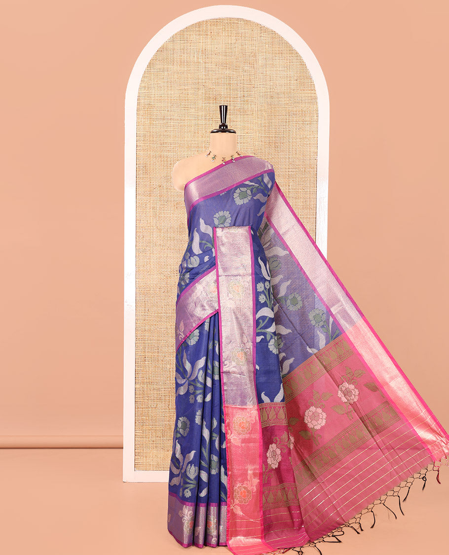 Blue Chanderi Cotton Saree, Elevated with Floral Designs on Its Body, Complemented by a Contrast Tissue Border of Floral Designs, Pallu of Floral Designs, and Paired with a Matching Blouse