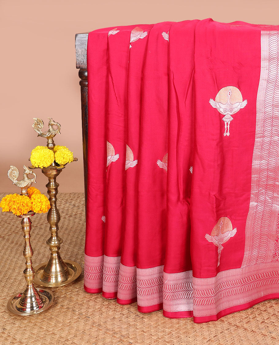 Rani pink polka dot, phenix bird design mushru silk saree with zari border & rich pallu along with plain blouse