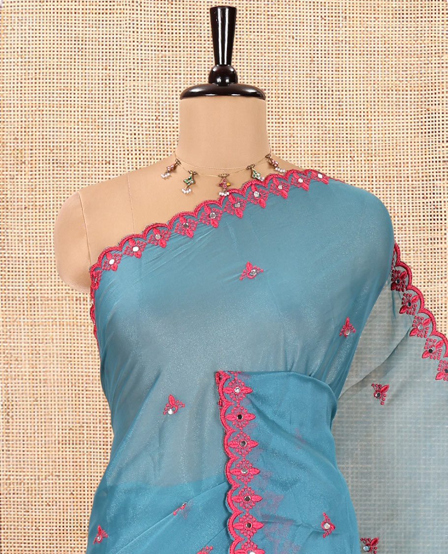 Blue Rangoli Chiffon Saree, Crafted with Thread and Mirror Work Buttas on Its Body, Subtle Scallop Embroidered Border, Embroidered Pallu, and Paired with a Contrast Mirror Work Blouse