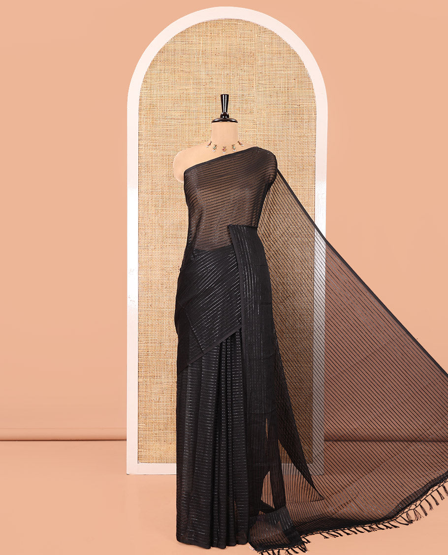 Borderless Black Chiffon Saree, Gleamed Up with Horizontal Stripes on Its Body, a Self-Pallu, and Comes Without a Blouse