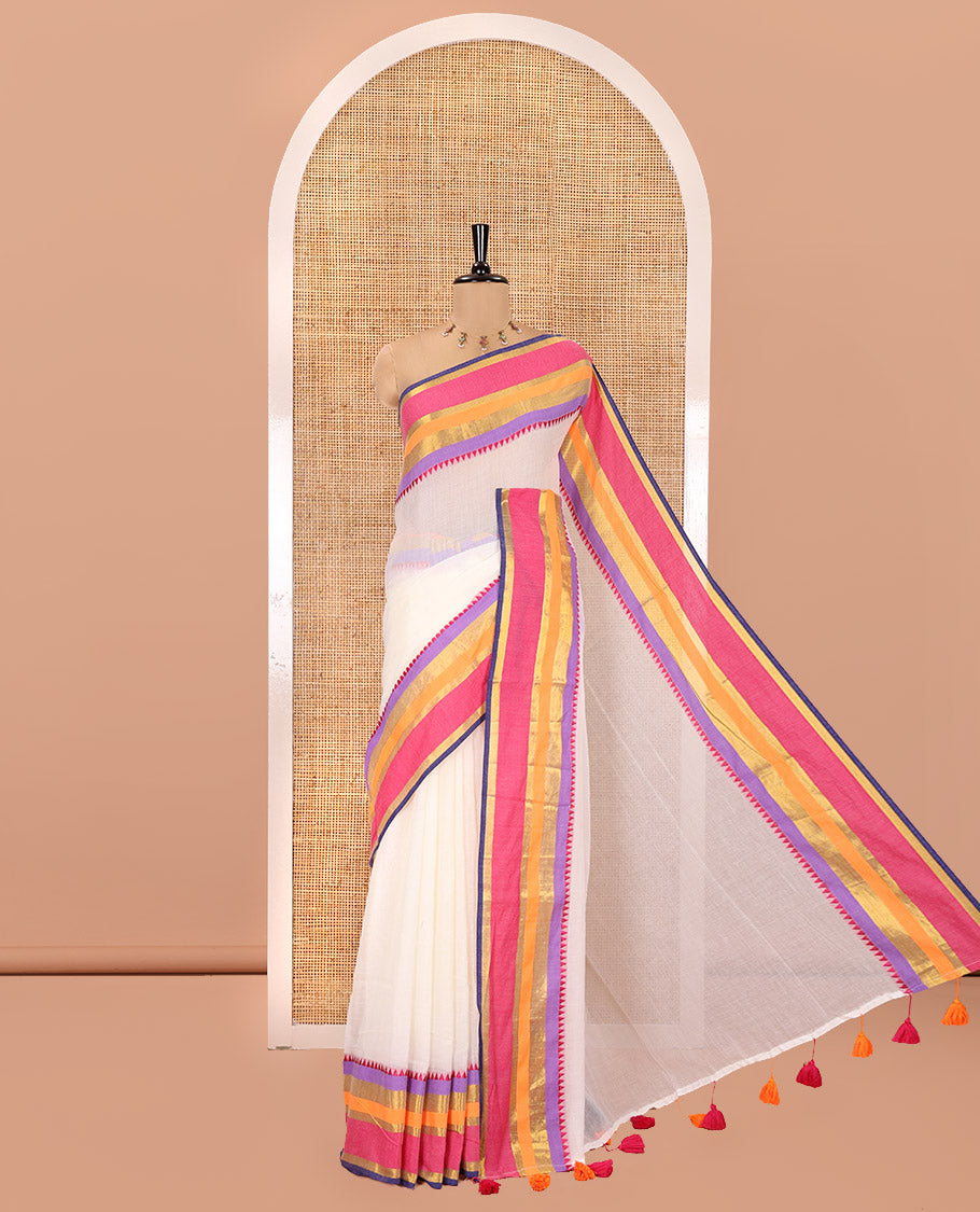 Cream Plain Khadi Mul Cotton Saree, Complemented by a Contrast Multi-Colored Temple Border, a Self-Pallu, and Paired with a Matching Blouse