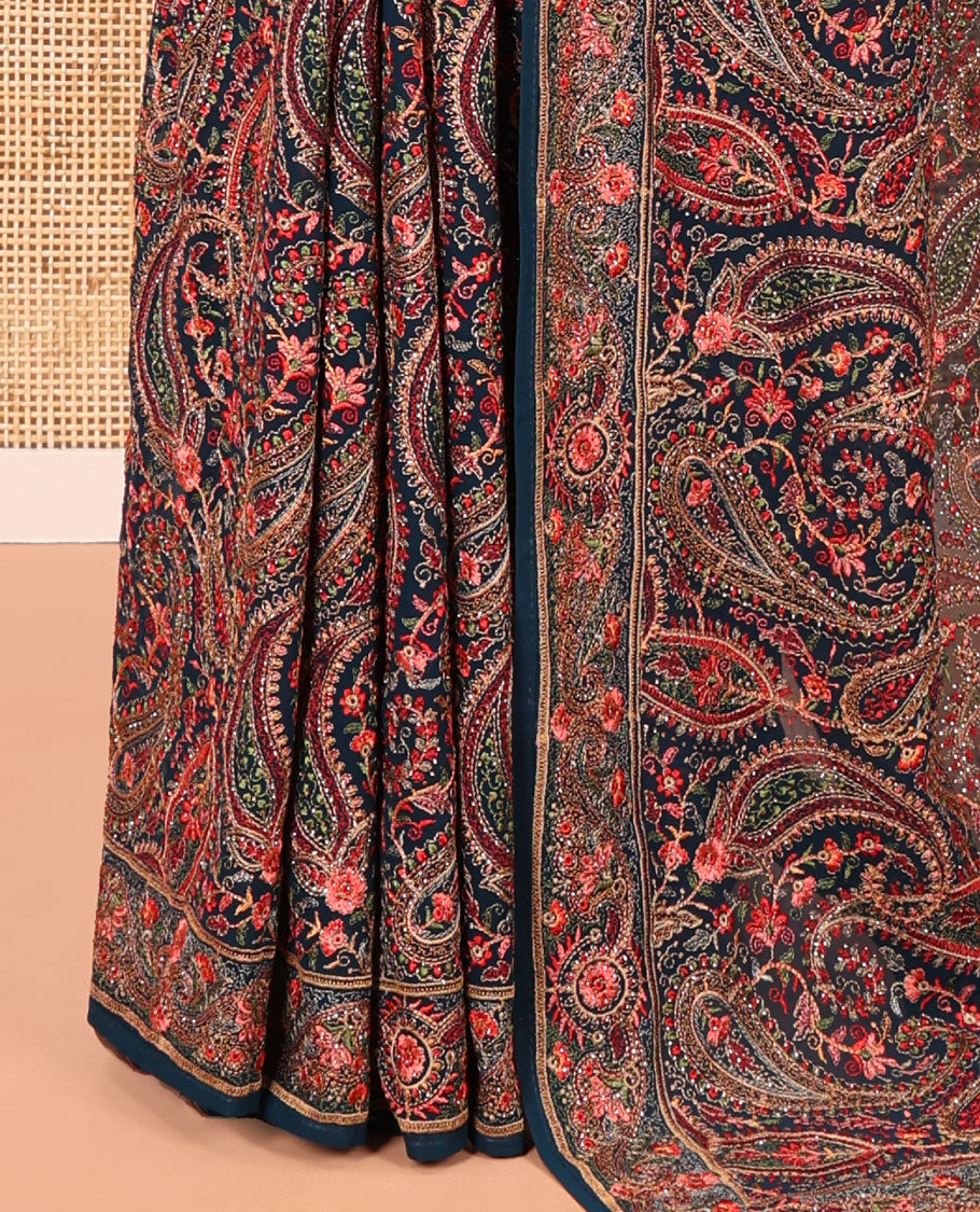 Rama Blue Georgette Saree, Accentuated with Intricate Paisleys, Kashmir Embroidered and Stone Work on Its Body, a Self-Embroidered Border, and Paired with an Embroidered Blouse