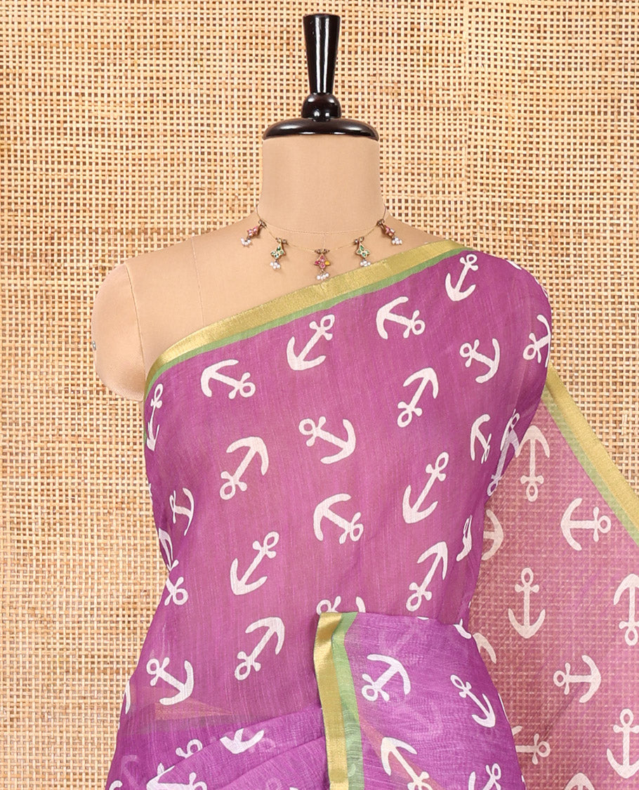 Magenta Linen Cotton Saree, Adorned with Anchor Motifs Printed on Its Body, a Subtle Contrast Piping Border, Multi-Color Striped Pallu, and Paired with a Contrast Blouse