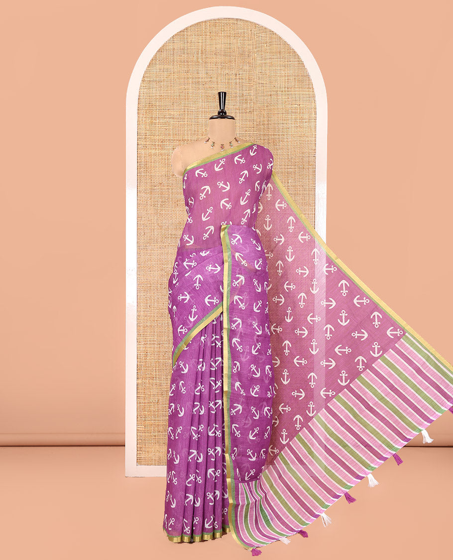 Magenta Linen Cotton Saree, Adorned with Anchor Motifs Printed on Its Body, a Subtle Contrast Piping Border, Multi-Color Striped Pallu, and Paired with a Contrast Blouse