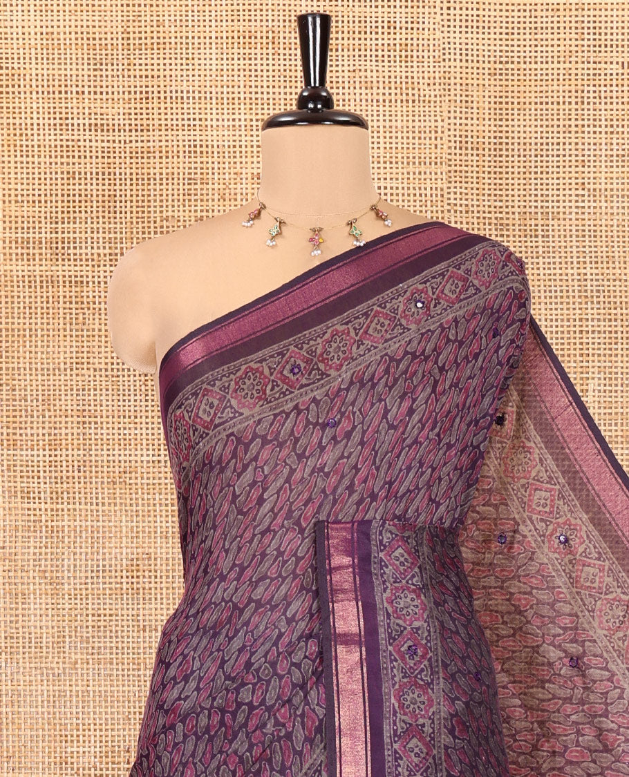 Violet Chanderi Cotton Saree, Elevated with Intricate Bagru Print and Mirror Work on Its Body, a Subtle Printed Border, Pallu of Paisleys Block Print, and Has a Plain Blouse